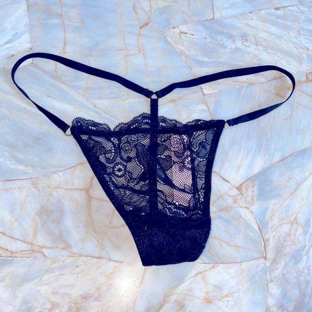 New VERY SEXY Lace V-String Mesh Side‎ Ring Thong Strappy Black Panty XL